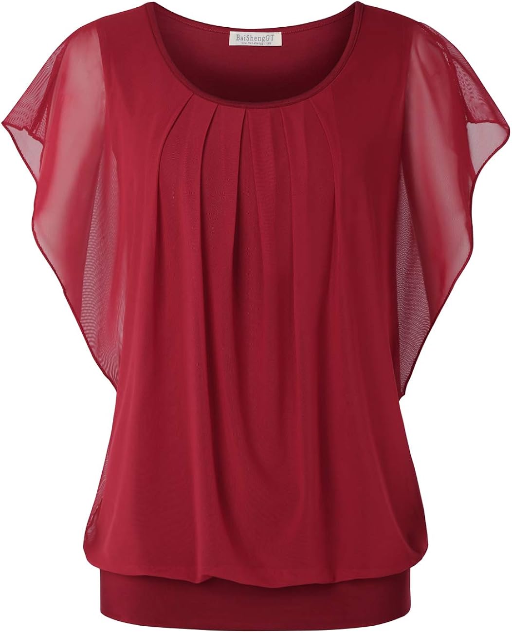 BAISHENGGT Women's Printed Flouncing Flared Short Sleeve Mesh Blouse Top