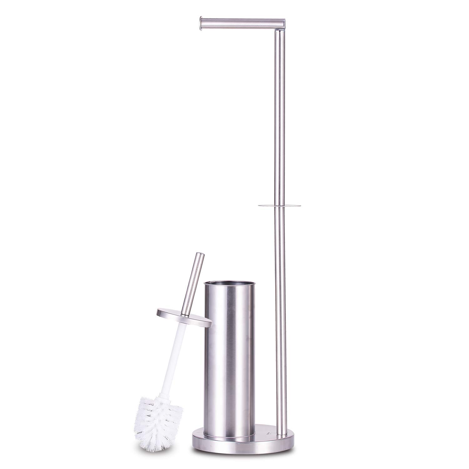 MASEN Toilet Paper Holder Stand, 3 in 1 Stainless Steel Freestanding Toilet Roll Holder Storage with Toilet Brush for Bathroom (Silver)