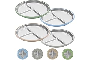 JVEOO Stainless Steel Baby Plates with Suction, 4 Pack Kids Toddler Plates Set with Sturdy Silicone Suction Base Easy to Clean 9 inch