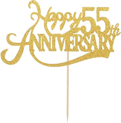 Double Sided Gold Glitter Happy 55th Anniversary Cake Topper - 55th