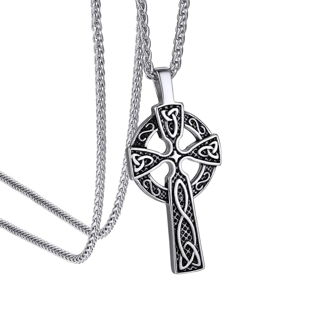 GoldChic Stainless Steel Cross Necklace for Men Women Silver Pendant Necklaces Chains Trinity Knot Celtic Christian Irish Religious Nun Priest Monk Jewellery Gifts