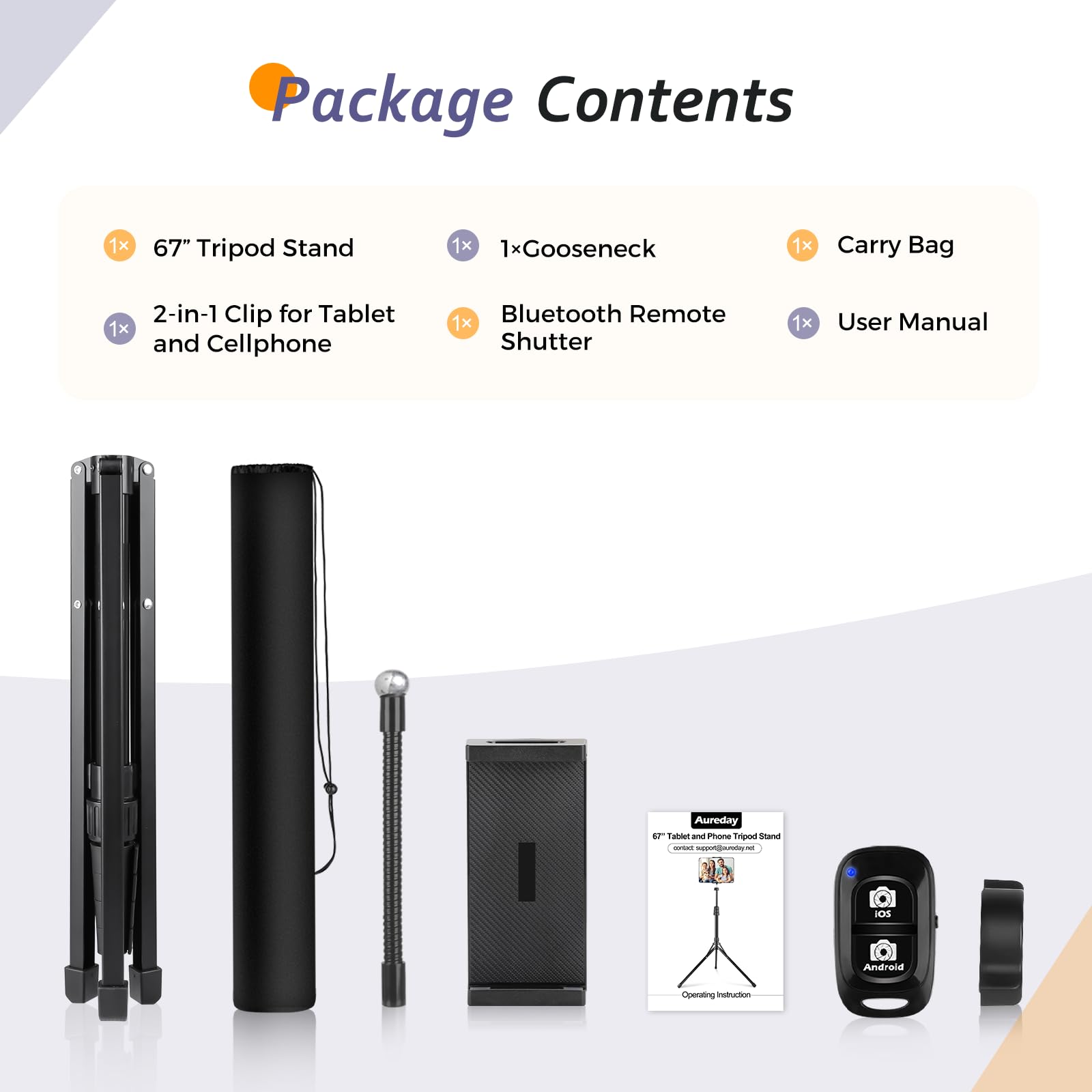 Aureday Adjustable Tripod Stand, 67” Height, Tablet Holder for iPad mini/Air/Pro, Kindle, Switch, Smartphones, 4.7”-12.9” Devices