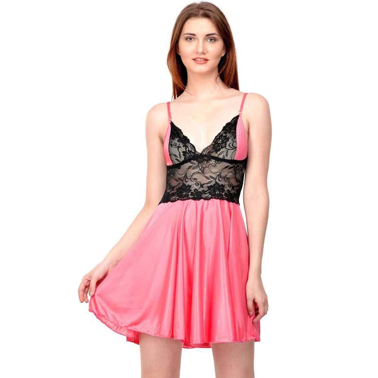 Buy Slamay Women's Crepe Net Plain Solid Babydoll Lingerie Set Pink at Amazon.in