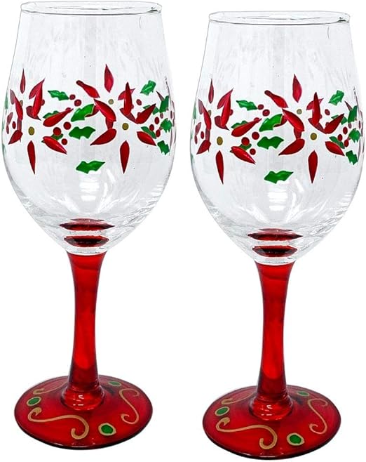Holiday Poinsettia Wine Glasses Set of 2 Standard Wine Glasses Red HandPainted Poinsettia
