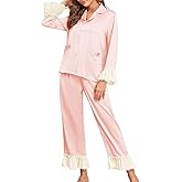 Brosloth Womens Silk Satin Button Up Pajamas for Women Soft Comfy Long Sleeve 2 Piece Loungewear Set Sleepwear
