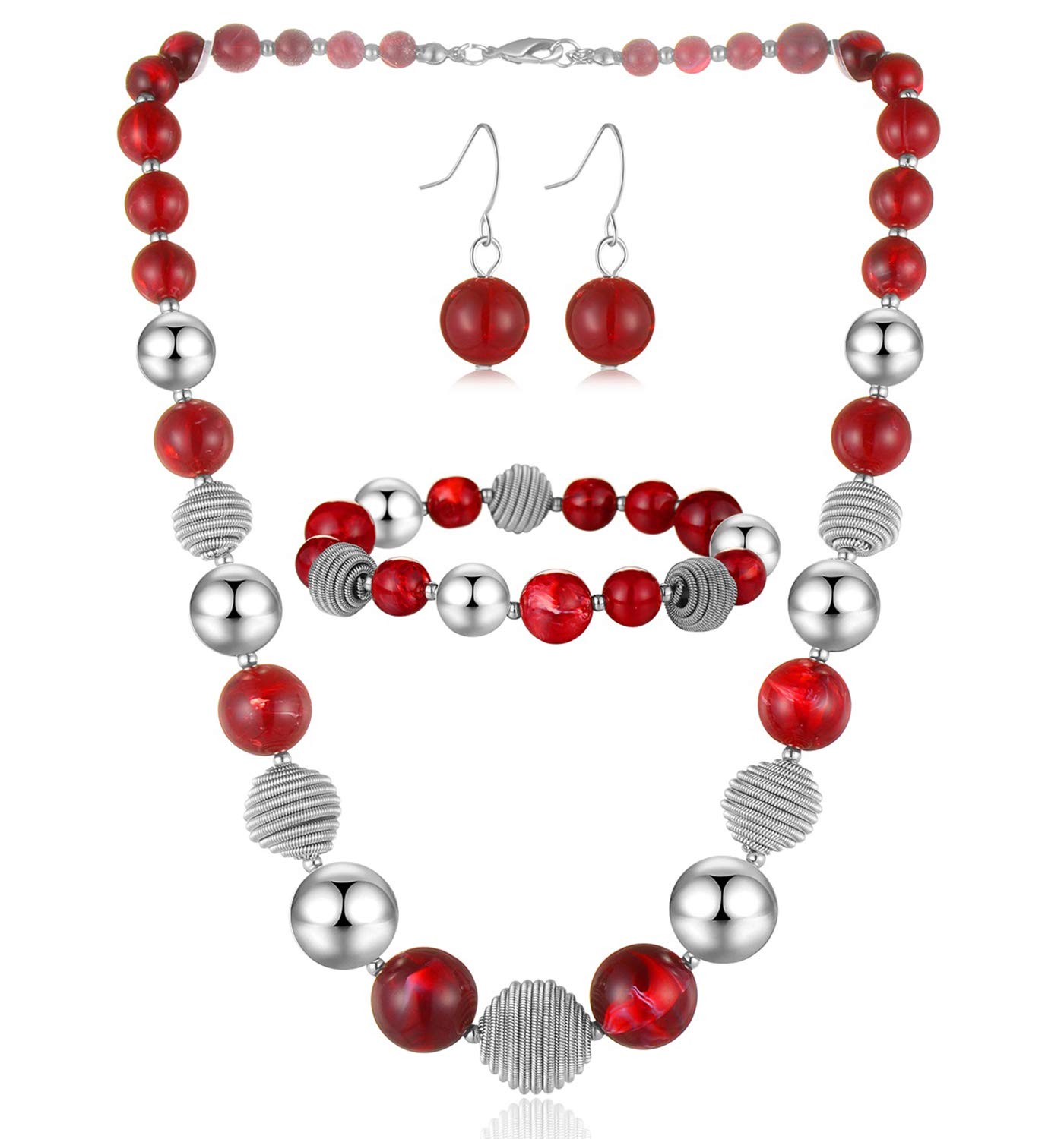BULINLIN Chunky Beaded Silver Necklace Earrings Pearl Handmade Bracelet Set Statement Costume Fashion Jewellery Set Birthday Gifts for Women(Red)
