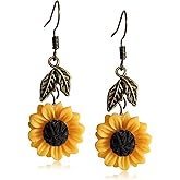 JIUIQL Handmade Resin 3D Sunflower Daisy Flower Dangle Drop Earrings Vintage Silver Leaf Bohemian Little Daisy Flower Hook Earring for Women Cute Elegant Summer Boho Jewelry