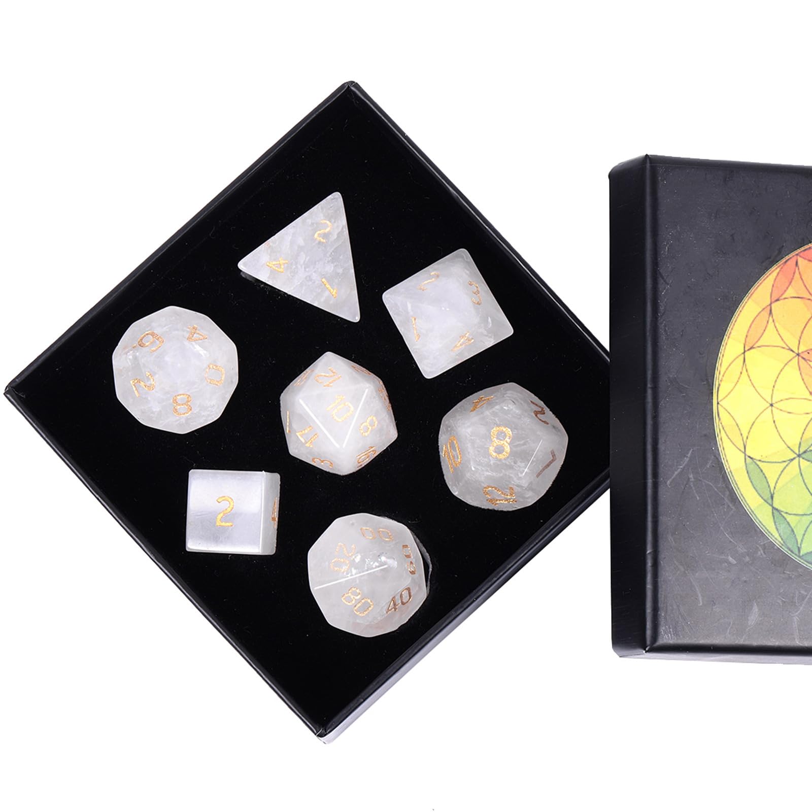 Nupuyai 7pcs Rock Crystal Polyhedral DND Dice Set for RPG MTG Table Games, Polished Tumbled Stones Dices with Box for Home Decor