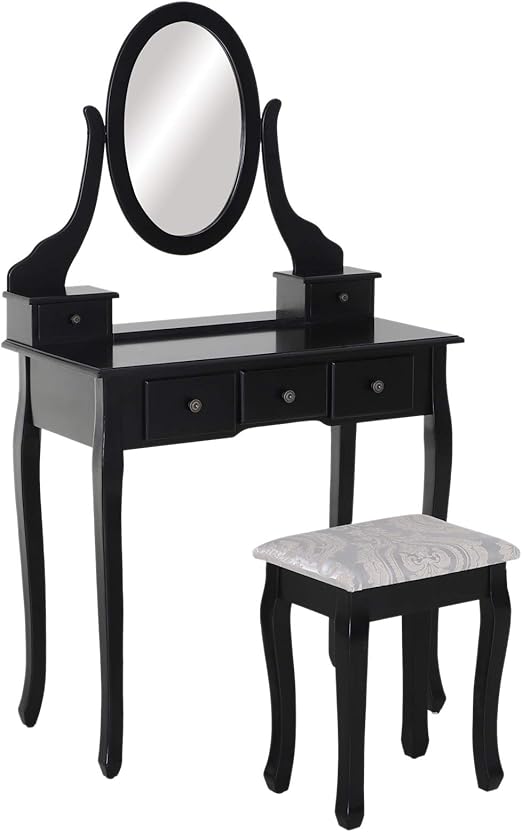 Homcom Vanity Dressing Table Set Wooden Contemporary With Mirror And Stool And 5 Drawers Black Amazon Ca Home Kitchen