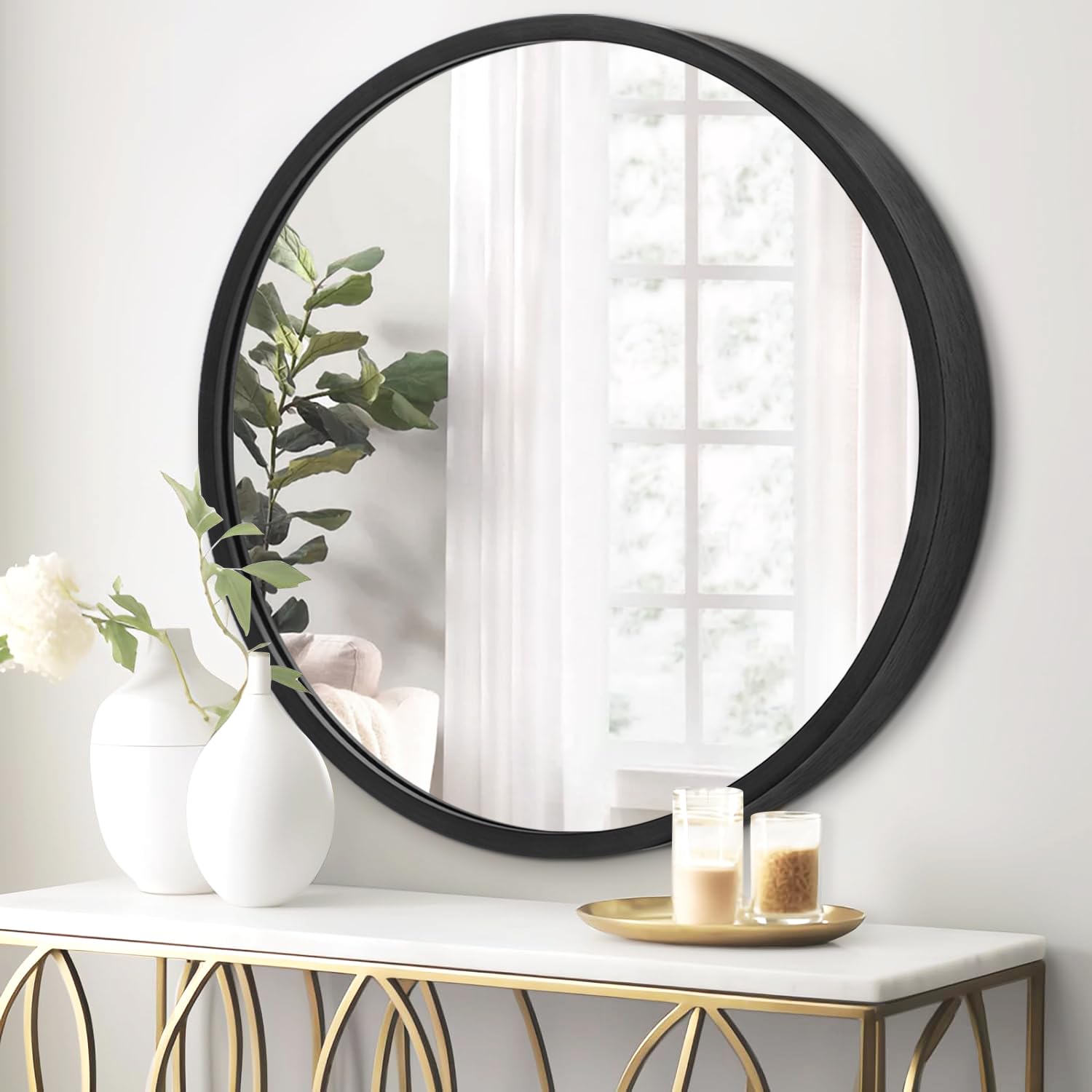JJUUYOU Circle Black Framed Mirror for Bathroom 40CM Round Wall Mirror for Bathroom Metal Frame Modern Mirrors for Living Room Decorative
