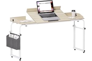 sogesfurniture Over Bed Table with Wheels, 60" Height Adjustable Overbed Table with Adjustable Tiltable Tabletop and Side Storage Bag, Mobile Hospital Table Over Bed for Home use, Maple