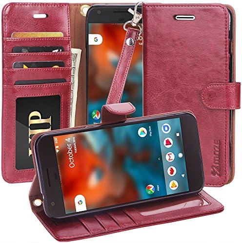 Google Pixel Case, Moze Google Pixel Wallet Case [4 Card Slots ] [Wrist Strap] [Stand Feature] PU Leather Flip Wallet Case Cover for Google Pixel (5.0) - Wine Red