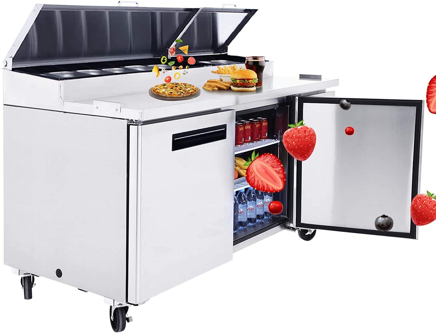 2 Door Pizza Prep Table Refrigerator- 67" Commercial Stainless Steel Pizza Prep Station Fridge with 