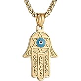 HZMAN Stainless Steel Hands of Fatima Necklace Solomon Hexagram Talisman Necklace with Blue Evil Eye