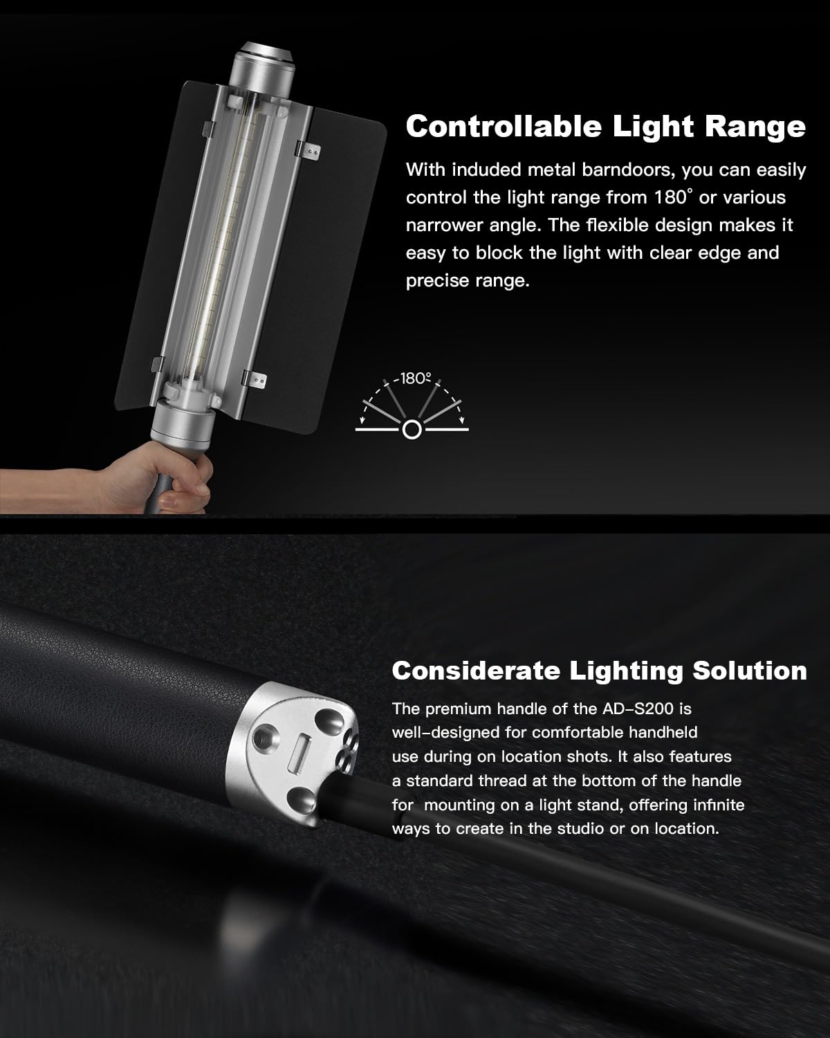 Godox AD-S200 Stick Flash Head 200W 5800K for AD200, AD200Pro and AD200Pro II Pocket Flashes with Barn Door, AD-E2 Flash Holder Metal Bracket and Carry Bag