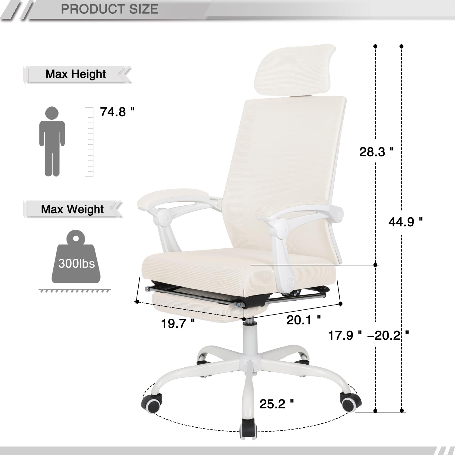 Qulomvs Mesh Ergonomic Office Chair with Footrest Home Office Desk Chair with Headrest and Backrest 90-135 Adjustable Computer Executive Desk Chair with Wheels 360 Swivel Task Chair - Image 6