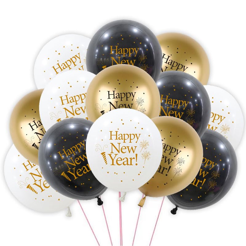 New Years Eve Decorations,18Pcs New Years Eve Party Balloons Black Gold Latex Balloons for 2026 New Year's Eve Party Decorations Supplies