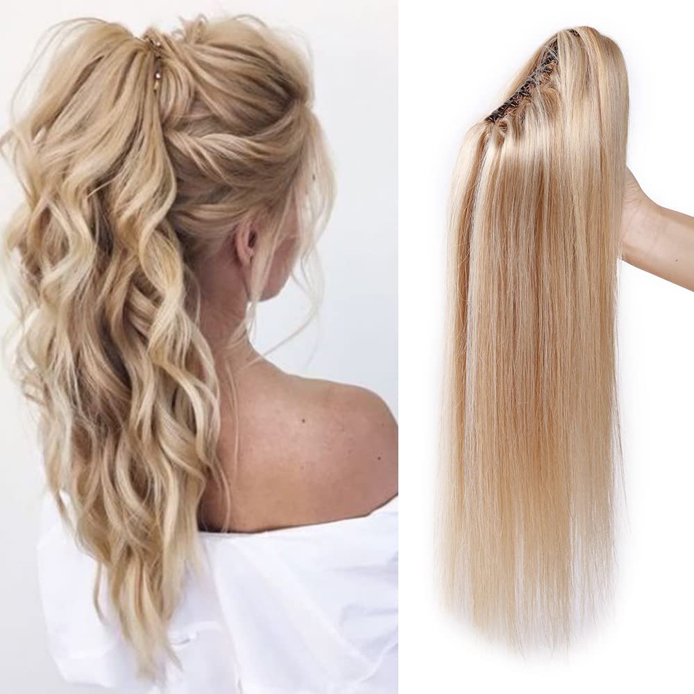 Elailite Human Hair Ponytail Extension Claw on Clip Real Human Hair Natural HairPiece Straight (#18/613 Ash Blonde Mix Bleach Blonde, 14 Inch)