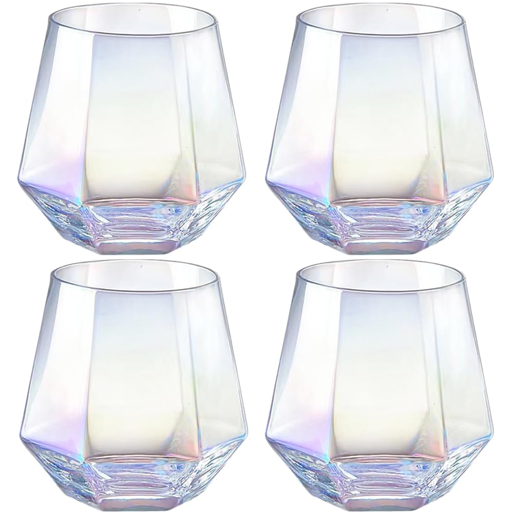 BEVKAF Diamond Whiskey Glasses, 300ml Whisky Glass, Water Juice Tumbler Tilted Scotch Glass (Set of 4 Upgraded)
