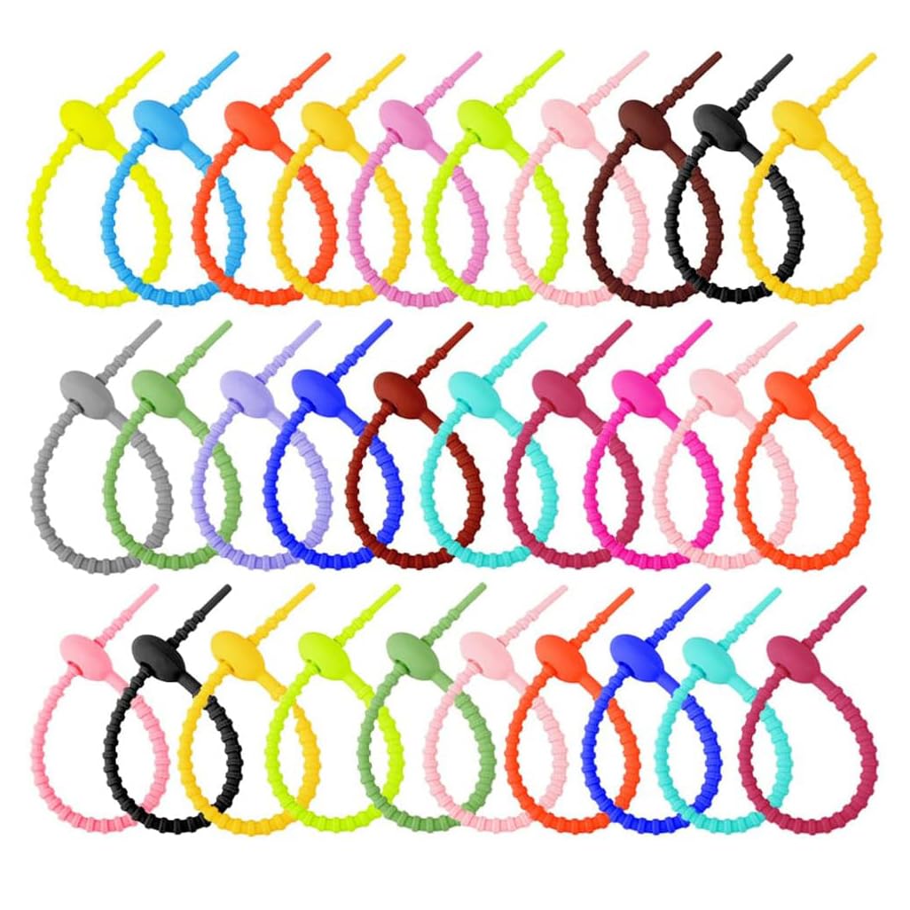 LATRAT Pack of 30 Colourful Silicone Ties Bag, Colourful Silicone Ties, Silicone Cable Ties, Bag Clip, Bag Closure, Cable Ties, Random Colours