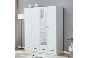 ModMakers Height 71" Mirror White Four Doors Freestanding Armoires Wardrobe Cabinet Closet with Hanging Rods Wood Wardrobe Clothes Storage Shelf Four Drawers Tall Bedroom Closet Storage