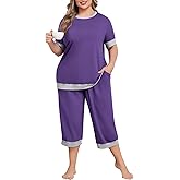 Lastshe Women Plus Size Pajama Set 2 Piece Short Sleeve Capri Pants Knit Sleepwear Lounge Set Ladies Pjs Soft with Pockets