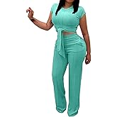 EDITCOZY Women 2 Piece Outfits Sexy Tie Front Crop Top Wide Leg Pants Sets Casual Summer Ribbed Two Piece Set