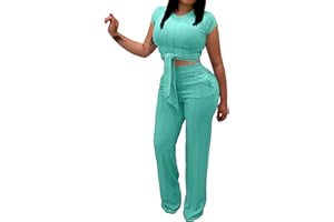EDITCOZY Women 2 Piece Outfits Sexy Tie Front Crop Top Wide Leg Pants Sets Casual Summer Ribbed Two Piece Set