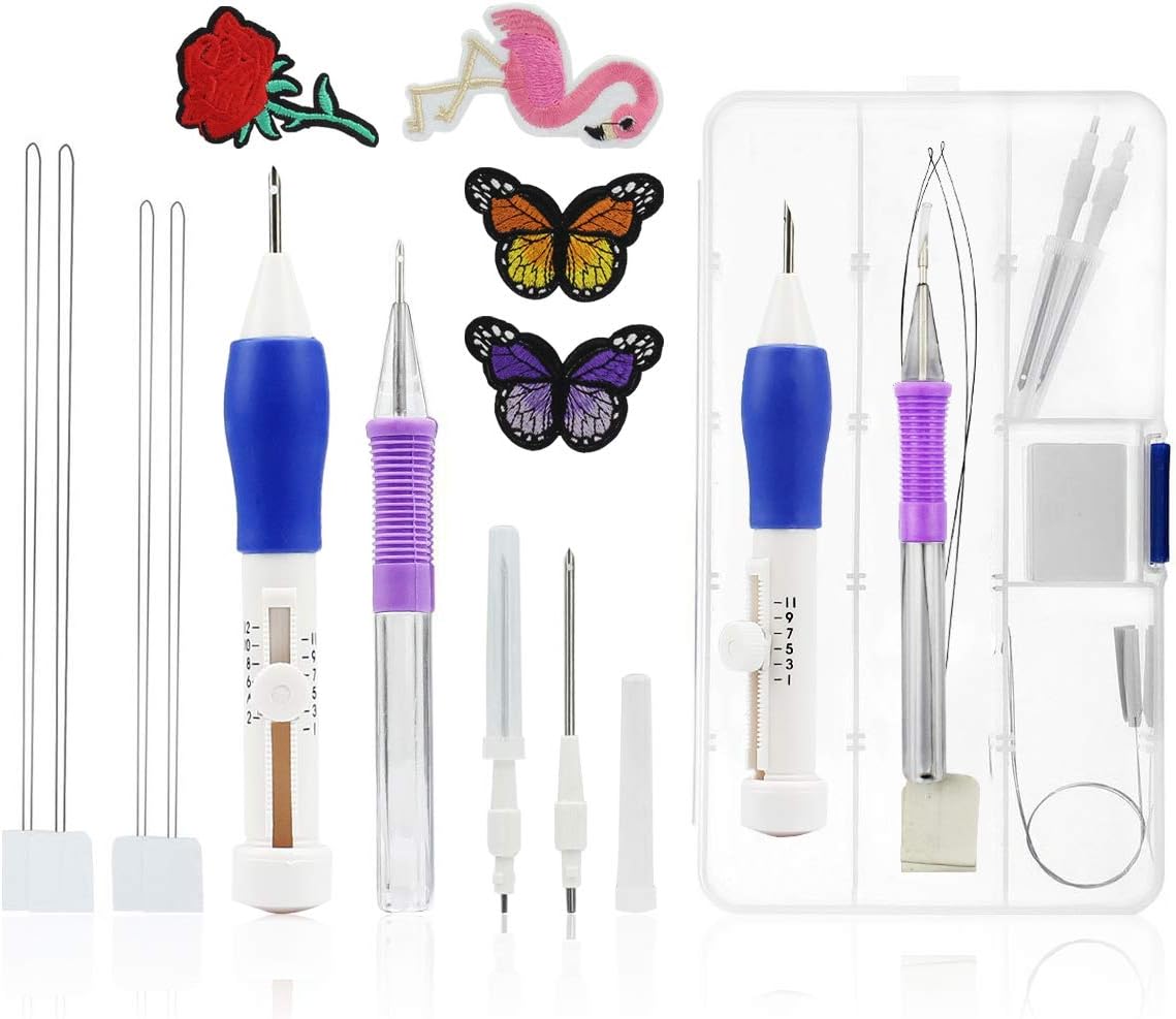 Magic Pen Embroidery Needles - Punch Needle Magic Embroidery Pen Set,Embroidery Patterns Punch Needle Kit Knitting Sewing Tool for DIY Threaders Sewing,Rose and Butterfly Pattern