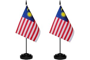TIBIJOY Malaysia Malaysian Small Mini Desk Flag Set Miniature Malaysia Malaysian Table Office Flag with 13" Black Pole, Black Base, Miniature Malaysia Deluxe Desktop Flag(2 Pack)
