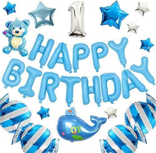 Foil Kids Happy Birthday and Age Number Balloons Set – Number, Letters, Pump, Ribbons, Tape – Girls, Boys (Blue, 1)
