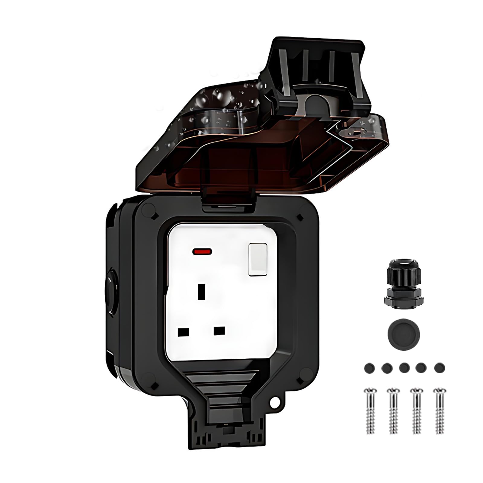 FOVNOT 1 Gang Weatherproof Outdoor Sockets, 13A Outside Plug Sockets IP66 Single Socket Waterproof Plug Socket