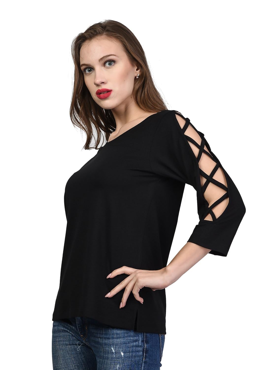 kalt women's round neck 3/4th sleeves cotton blend top/t-shirt (tw12)