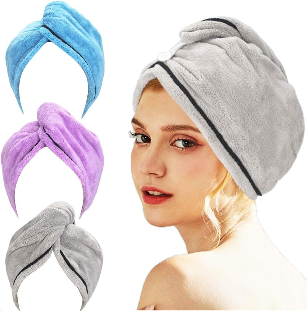 AmazerBath 3-Pack Hair Towel, Microfiber Hair Towel Wrap Rapid Drying Hair Towels for Women, Magic Hair Drying Towel, Super Absorbent Hair Towel Hat (Blue, Purple, Gray)