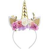 Nishine Unicorn Horn Floral Headband Glitter Ears Pony Head Bands Tiara for Girls Party Birthday Cosplay