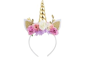 Nishine Unicorn Horn Floral Headband Glitter Ears Pony Head Bands Tiara for Girls Party Birthday Cosplay