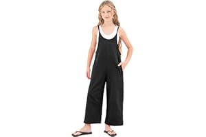 Rolanko Girls Jumpsuit Sleeveless Romper Wide Leg Pants Overalls for Kids Loose Jumpers with Pockets 4-14 Years