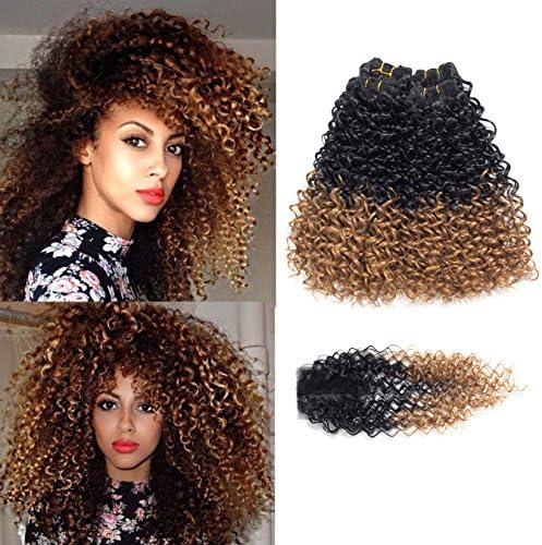 Wodun Human Hair Bundles With Closure Kinky Curly Ombre Afro Kanekalon Hair Weaves 16inch Synthetic Human Hair Bundles With Closure (16 16 16 16, 1B/27)