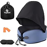 Vzpeun Neck Pillow for Travel - Hooded Memory Foam Plane Pillow for Airplane, Office, Cars Sleeping, Road Trip, Long Flights, Portable Plane Accessories, Includes Eye Mask & Earplugs (Blue)