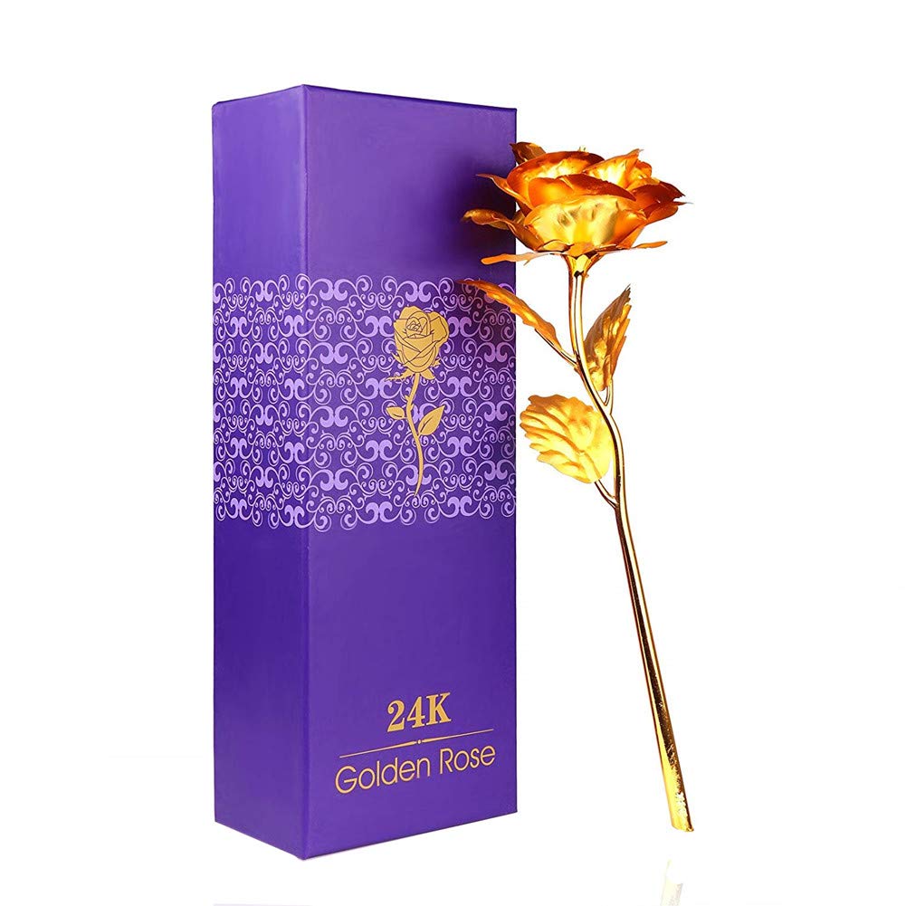 WeFoonLo Creative Artificial 24K Rose Flower Plastic Long Stem Real Rose Dipped in Gold with Gift Box for Mother's Day, Valentine, Birthday, Anniversary, Thanksgiving Day (Gold)