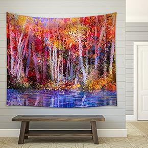 Oil Painting Colorful Autumn Trees. Semi Abstract Image of Forest - Fabric Wall Tapestry Home Decor - 51x60 inches