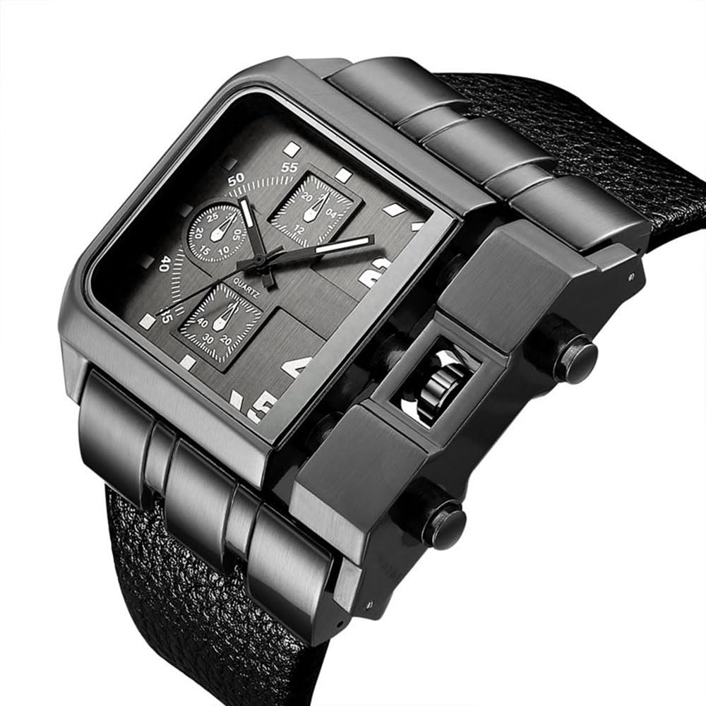 Reginald Hip hop Men's Watch Big Face Watch for Men Square Novel Face Dial Stainless Steel Quartz Leather Strap WristWatches