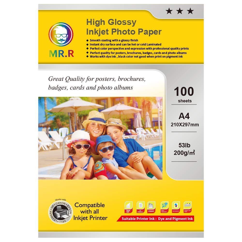 MR.R Single Side High Glossy Inkjet Photo Paper 200gsm, A4 210 x 297mm 100 Sheets per Pack