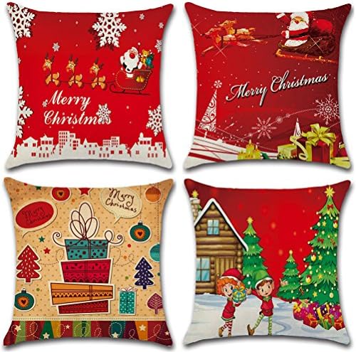 4Pcs Merry Christmas Cotton Linen Pillow Cover Square Burlap Decorative Throw Pillowslips Cushion Cover Pillowcases with Christmas Tree Santa Claus Christmas Deer Element, Series 1
