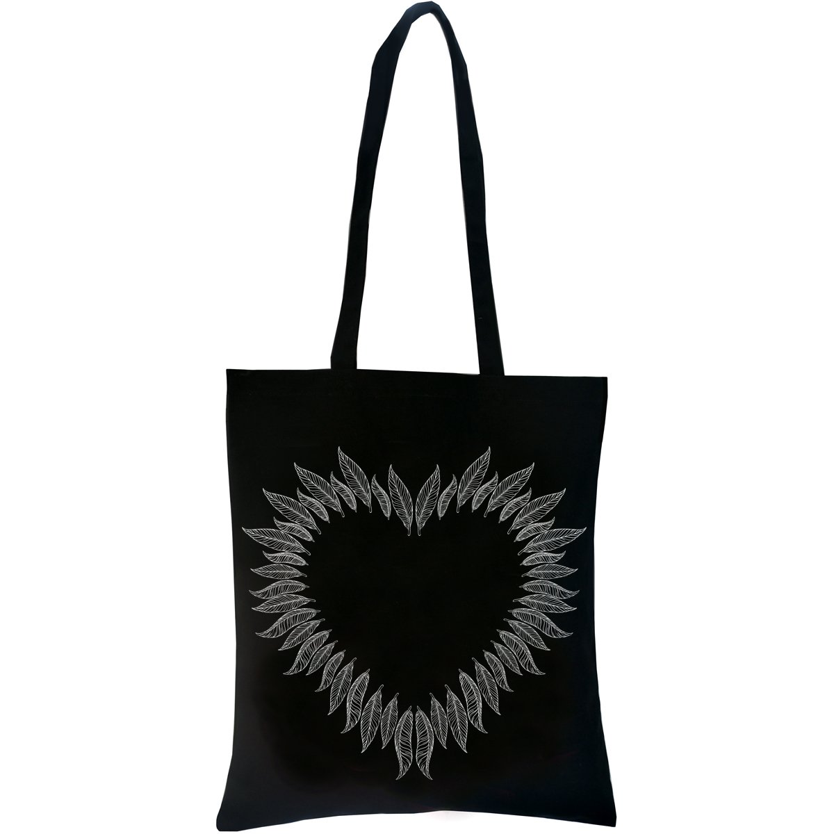 PREMYO Reusable Shopping Bag Cotton Tote Long Handled Easy to Carry Over the Shoulder Quote Print Heart Feather Birthday Present Gift Black Canvas