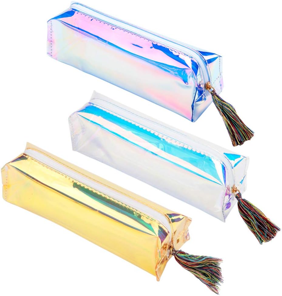 Pencil Case,3 Pack Cute Plastic Pencil Cases Bag Organizer with Zipper, Large Capacity Colorful Laser for Kids Boys Girls Adults, Office School Stationery