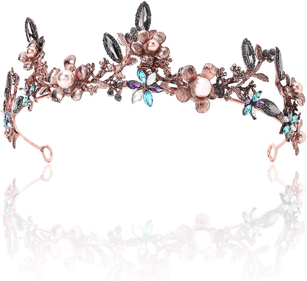 Campsis Baroque Crystal Wedding Crown Flower Beads Bride Headband Decorative Bridal Hair Accessories for Women and Girls Bronze