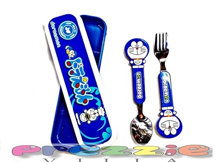 Prezzie Villa Designer Doraemon Tableware Set of Feeding Fork and Spoon for Kids (Multicolour)