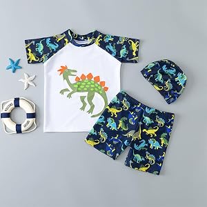 Boys Cartoon Crocodile Rash Guard Swim Set Quick Dry 3Pcs Kids Swimsuit with Swim Cap Beach Pool Swimwear (Green,X-Large)