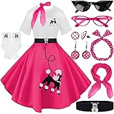 10Pcs Sock Hop Outfits Women, 1950s Poodle Skirts, T-Shirt with 50s Accessories Socks Scarf Headband Belt Earring